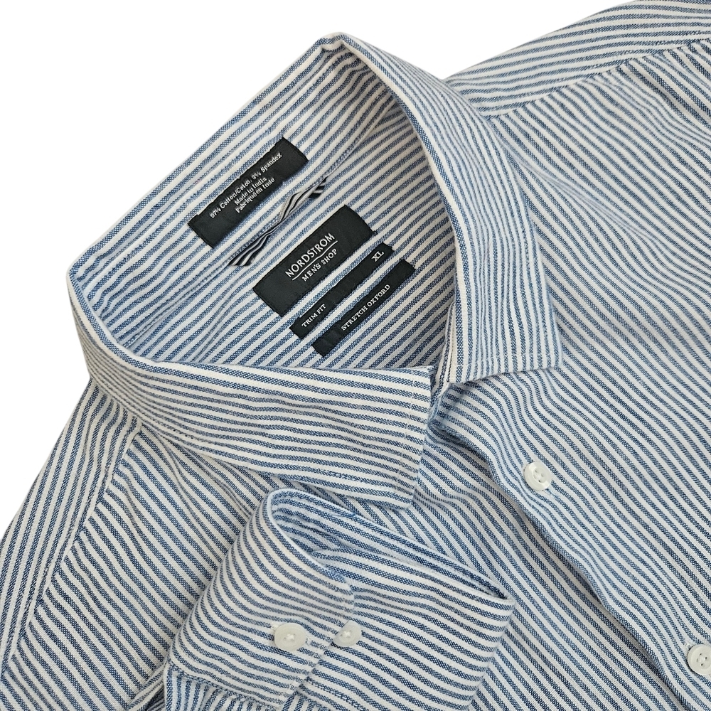 Nordstrom Mens Blue/White Striped‎ Trim Fit Casual Button Down Shirt XL Classic